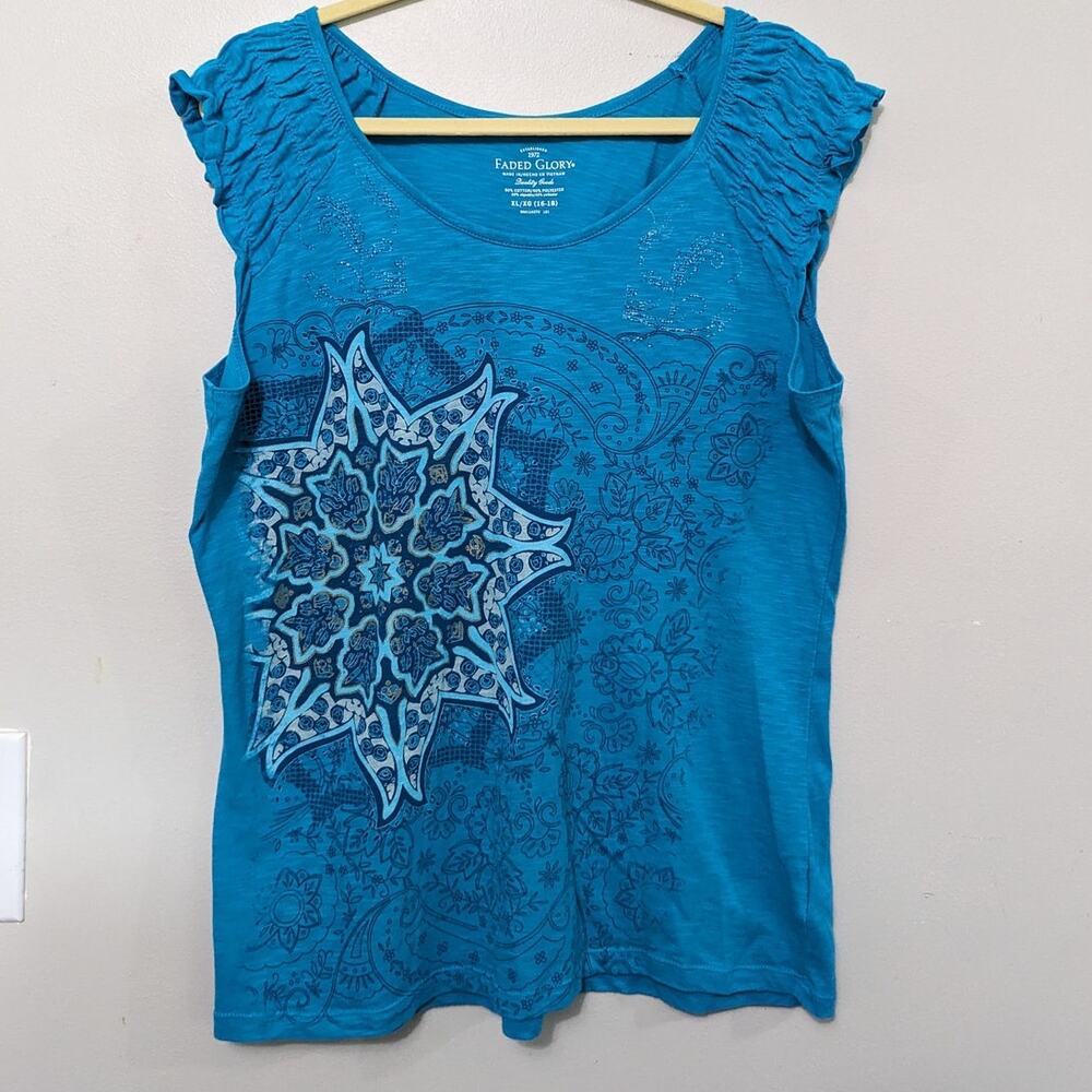 Faded Glory Women's Sleeveless Ruffle Shoulder Turquoise/White Top Size XL
